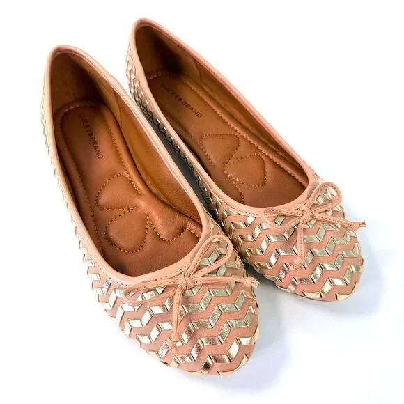 NWOT Lucky Brand Women 8.5 Sargena Ballet Flat Nude Blush Gold Metallic Chevron - Picture 4 of 10